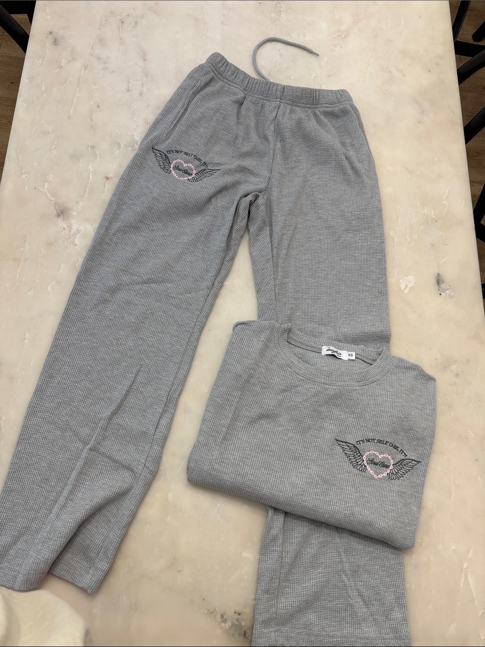 Cozy Women's Gray Thermal Lounge Set with Embroidered Heart Wings